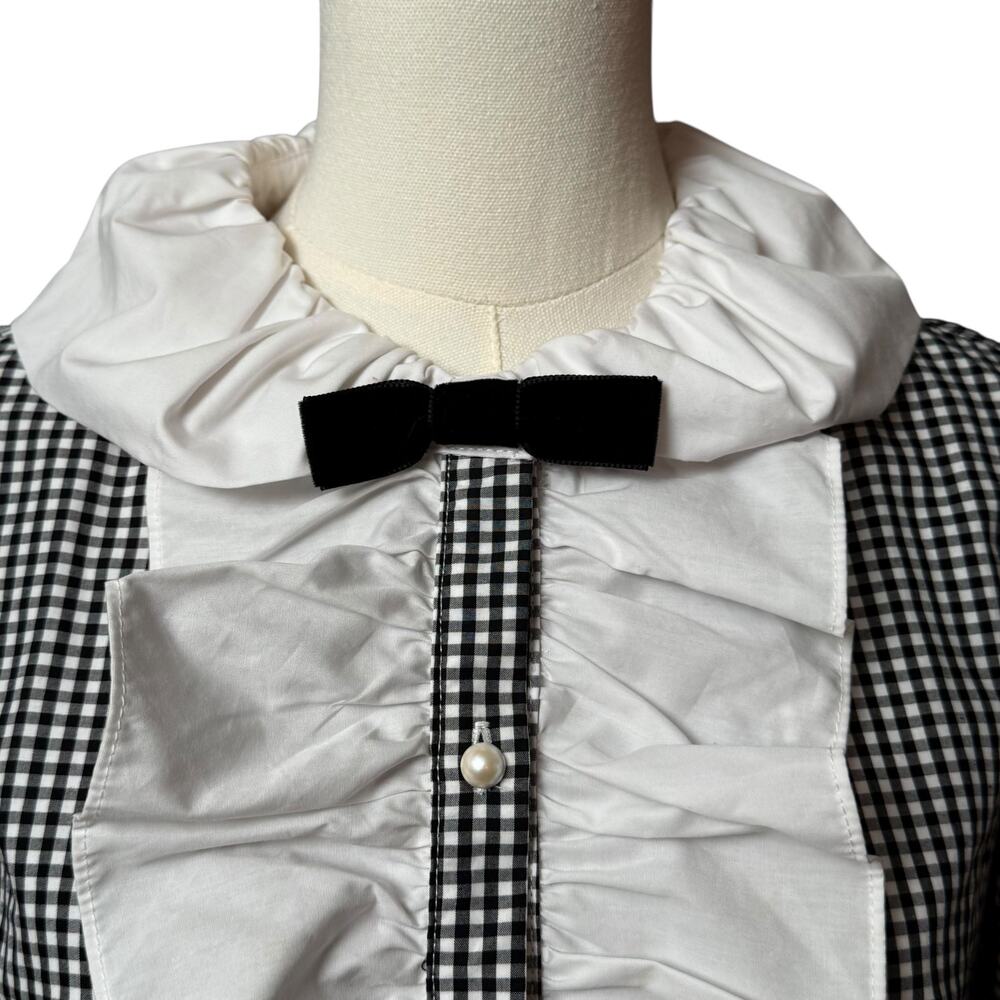Batsheva Lou Blouse Size 10 Black /White Check Taffeta 3/4 Puffed Sleeves - Picture 6 of 13